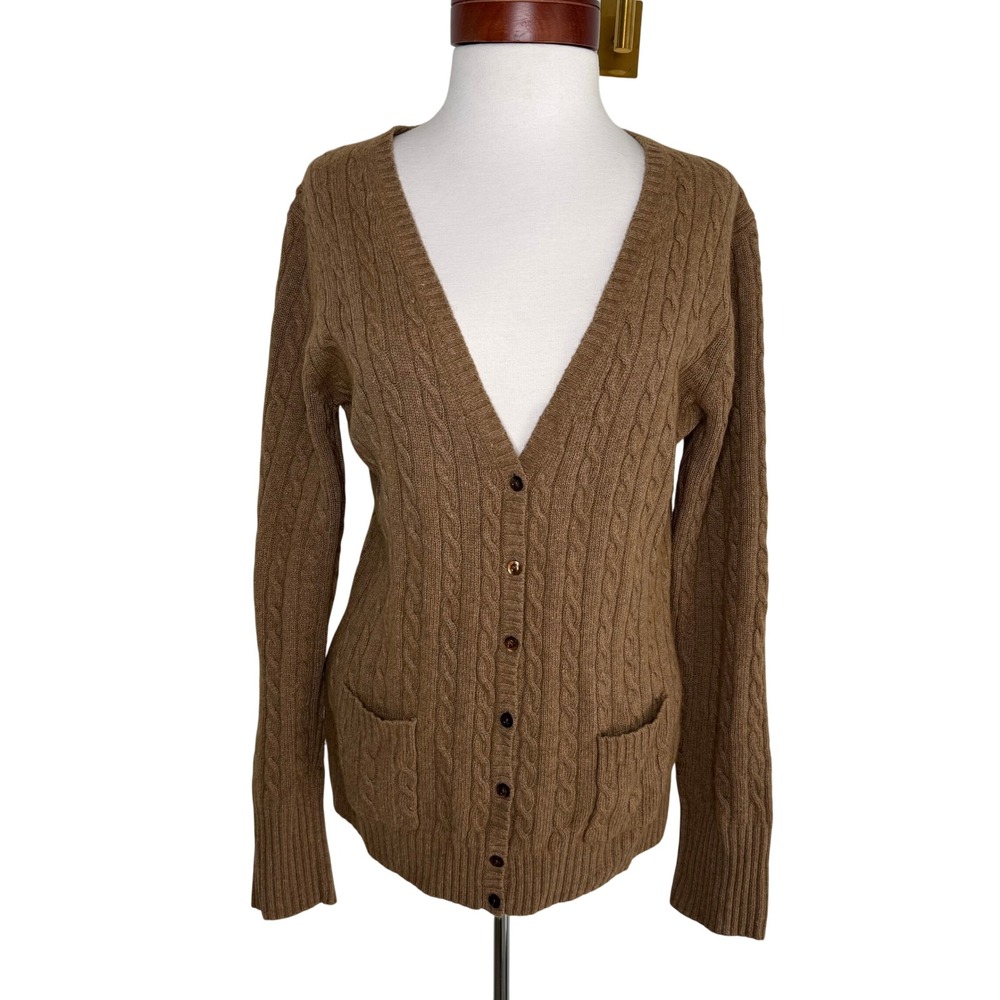 J.Crew Cable‎ Knit Cardigan Sweater Camel Merino Wool Angora Cashmere L Preppy